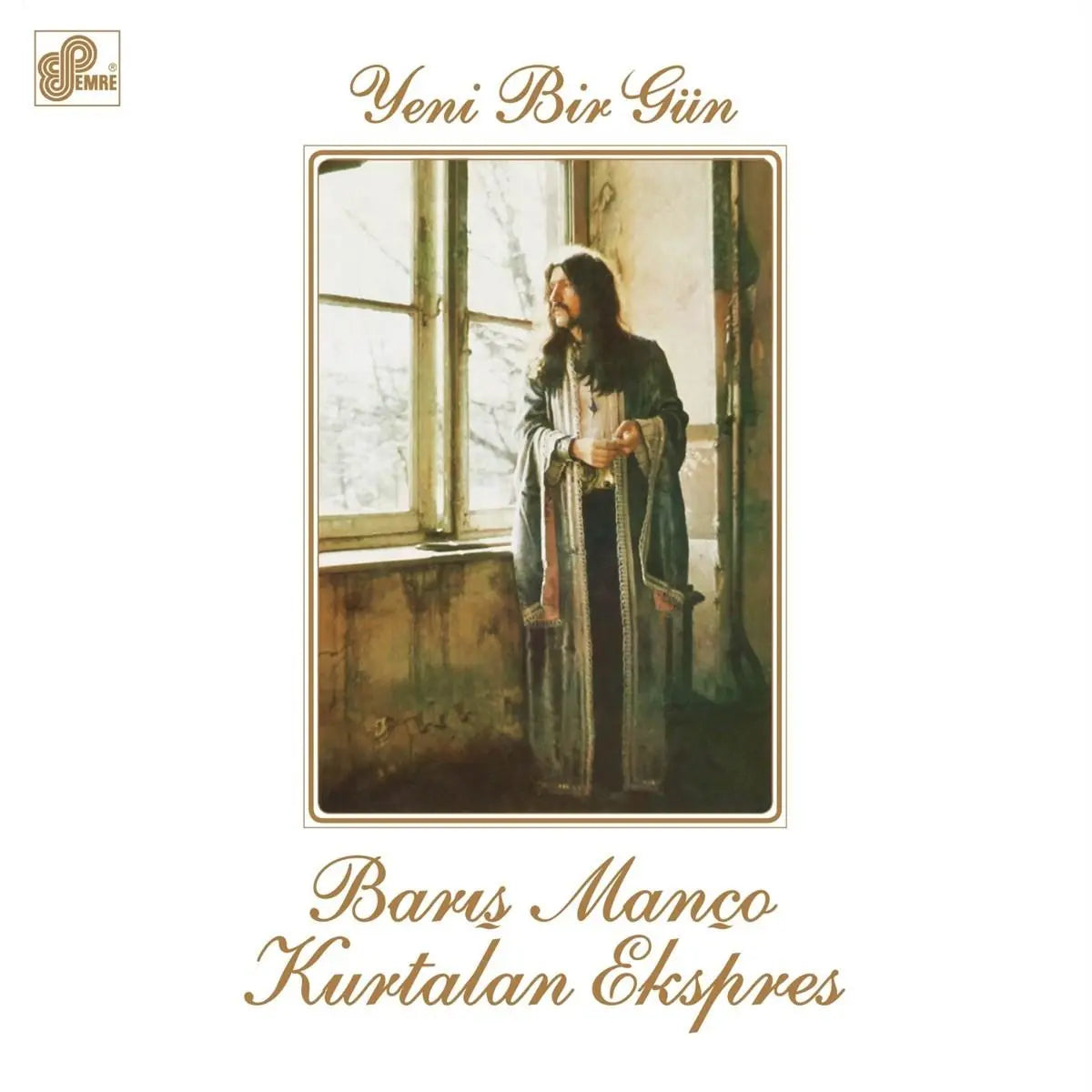 Barış Manço Yeni Bir Gün LP album cover with artist standing by window in vintage setting