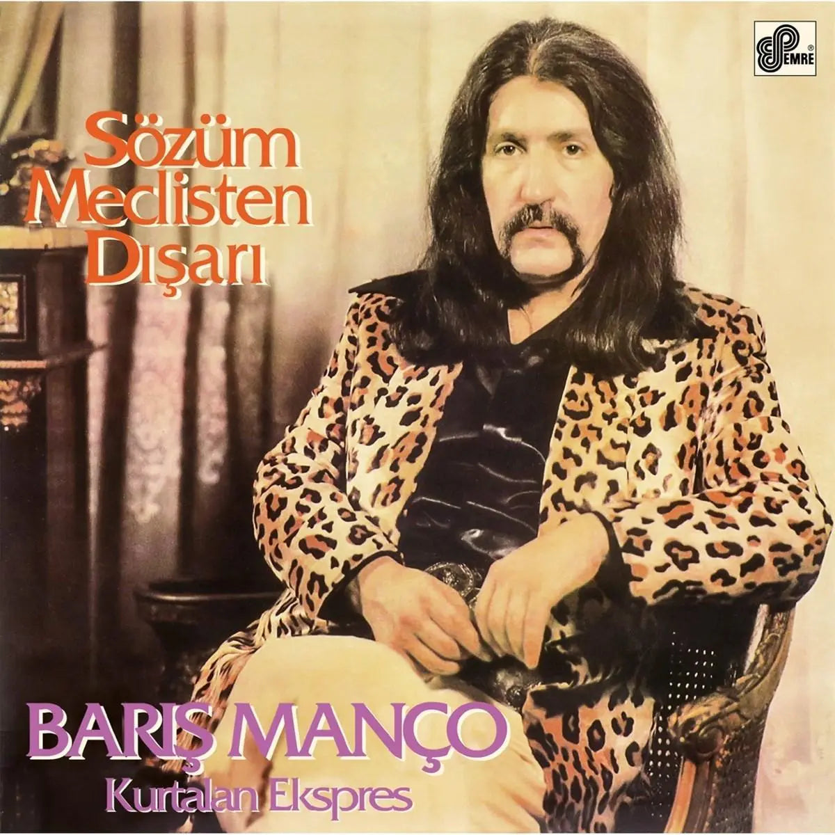 Barış Manço Sozum Meclisten Disari LP album cover with artist in leopard print jacket seated in vintage setting