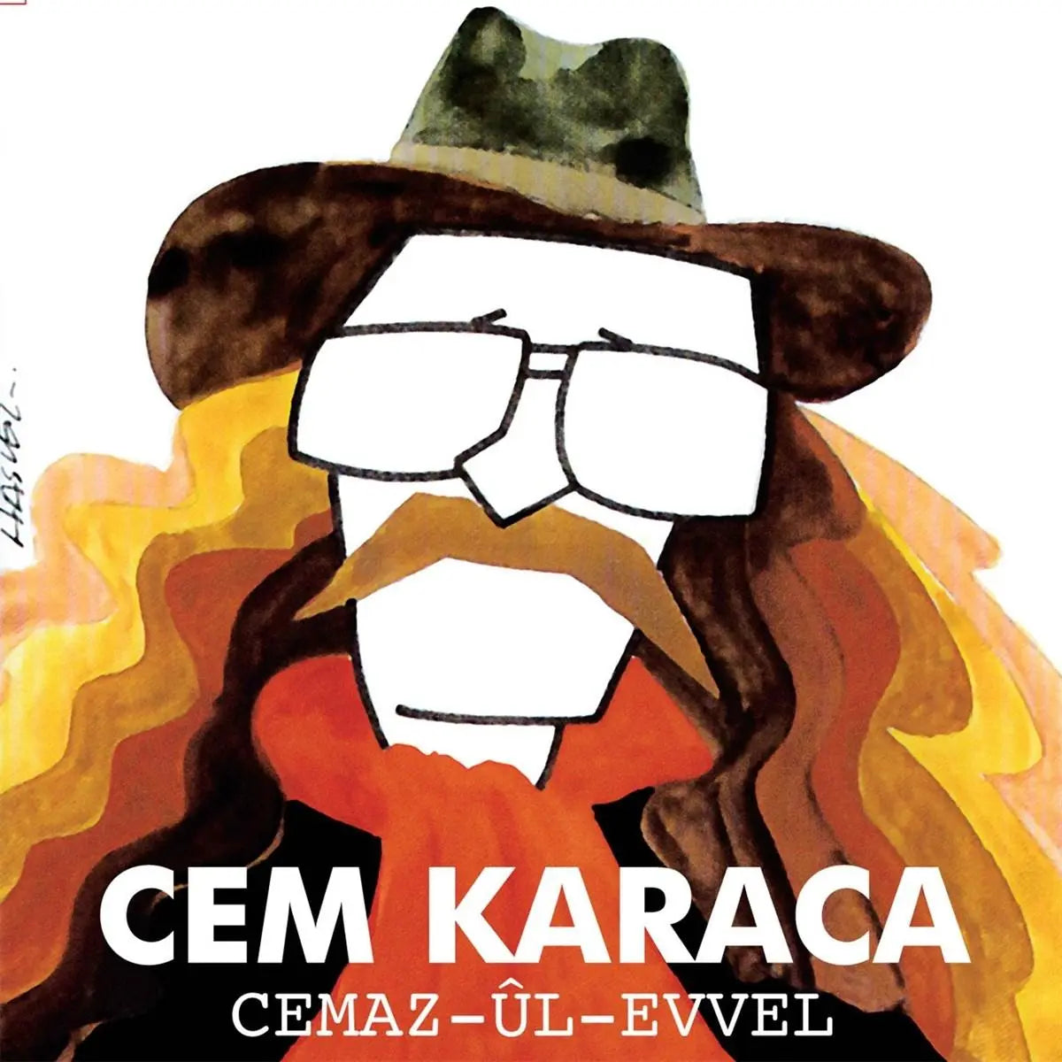 Abstract illustrated portrait of Cem Karaca wearing a hat and glasses on Cemaz Ül Evvel LP album cover