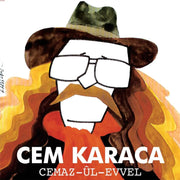 Abstract illustrated portrait of Cem Karaca wearing a hat and glasses on Cemaz Ül Evvel LP album cover