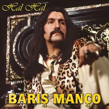 Barış Manço Hal Hal album cover featuring the artist in leopard print jacket with decorative background